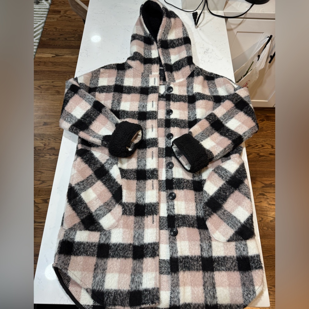 RDI Women's Plaid Pea Coat - Black, White, Pink